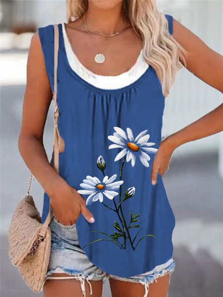 

Casual Sunflower Sleeveless Round Neck Plus Size Printed Tank Top Vests, Blue, Tank Top
