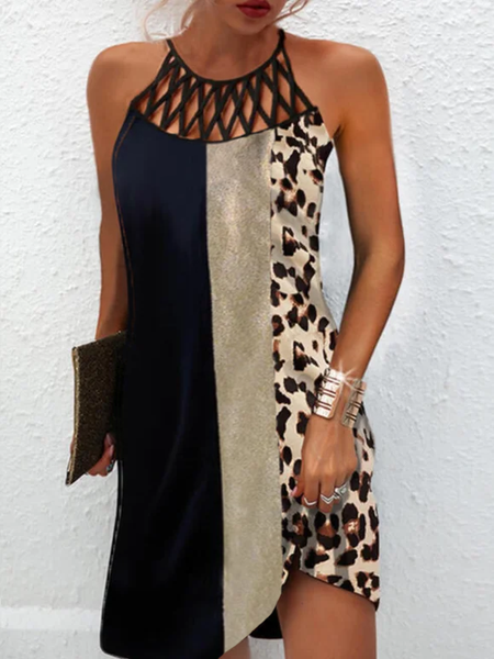 

Leopard Crew Neck Short Sleeve Woven Dress, Brown, Midi Dresses