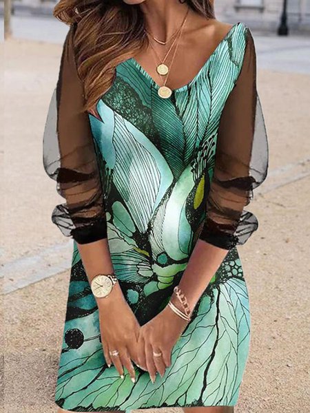 

Romantic Butterfly Abstract Geometric Printed Loosen V Neck Long Sleeve Woven Dress, Black, Mini Dresses