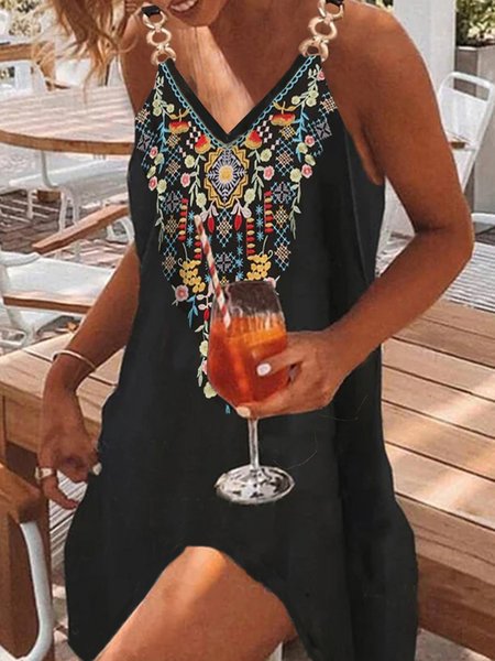 

Regular Fit Boho V Neck Short Sleeve Knit Dress, Black, Mini Dresses