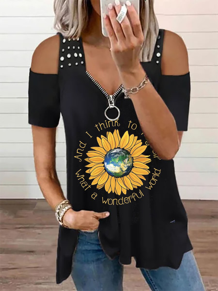 

Earth Day Letters Floral Printing Zip V-Neck Off Shoulder Casual Vacation Tops, Black, T-Shirts