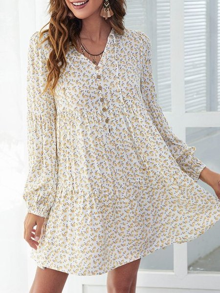 

V Neck Vacation Floral Long Sleeve Woven Dress, As picture, Dresses