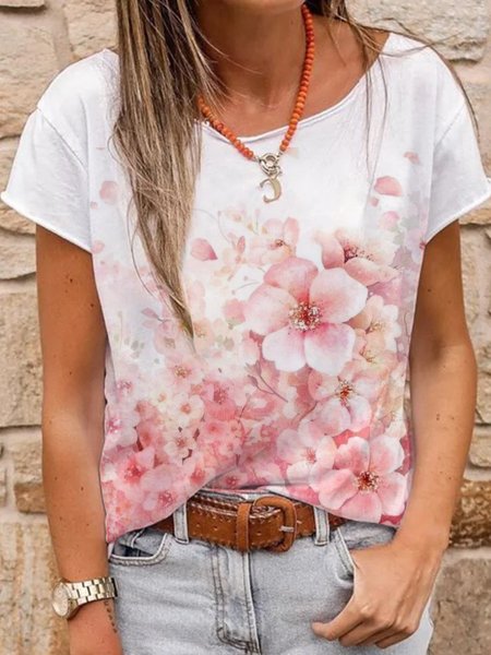 

Casual Floral Crew Neck Short Sleeve T-Shirt, White, T-Shirts