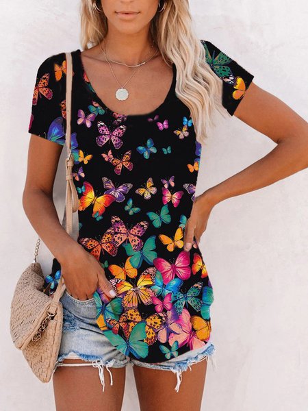 

Butterfly Casual Short Sleeve T-Shirt, Black, T-Shirts