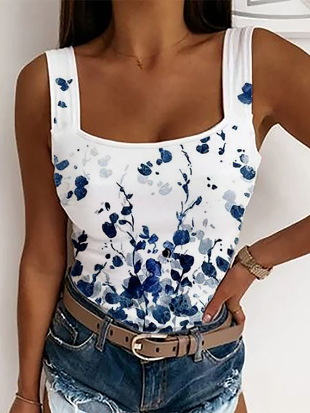 

Plus size Sleeveless Floral Ribbed Tank Tops, Blue, Tank Top