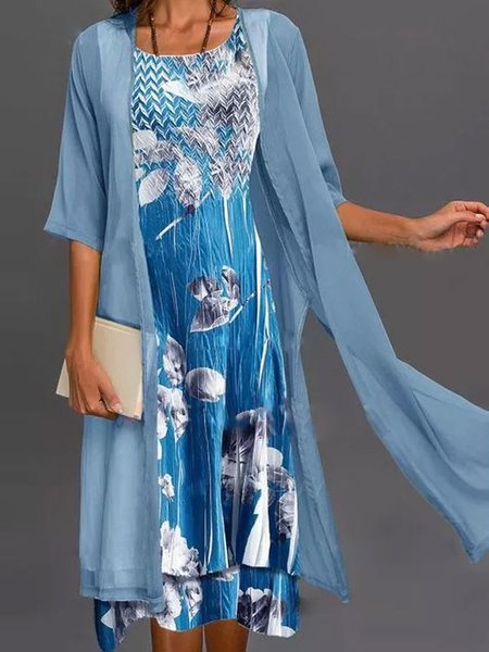 

Geometric floral Loosen Casual Two Piece Sets Dress, Blue, Suit Set