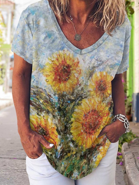

Casual Abstract Sunflower Print V-Neck T-Shirt, As picture, T-shirts