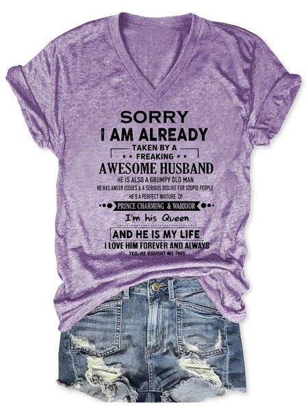 

Sorry I’m Already Taken By A Freaking Awesome Husband Women's Short Sleeve T-Shirt, Purple, T-shirts