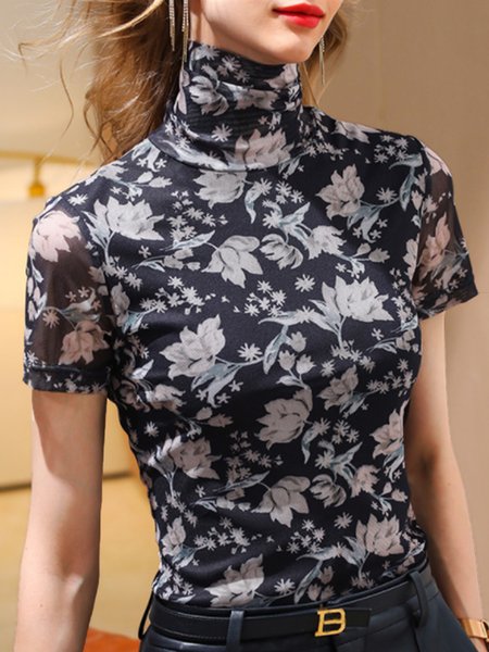 

Daily Elegant Floral Slim Fit Short Sleeve T-Shirt, Black, Tees