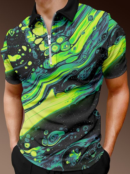 

Casual Art Series Stone Gradient Gradient Lapel Short Sleeve Polo Print Top, Green, Men's t-shirts