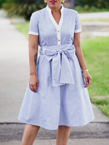 

Summer Elegant Striped Regular Fit Short Sleeve Woven Daily Dress, Stripe-blue, Midi Dresses
