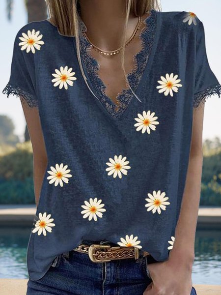 

Casual V Neck Short Sleeve T-Shirt, Blue, T-Shirts
