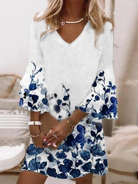 

Regular Fit V Neck Floral Casual Dress, White, Mini Dresses