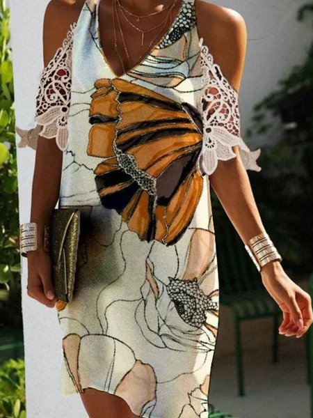 

Lace Floral Half Sleeve Plus Size Casual Dresses, Multicolor, Mini Dresses