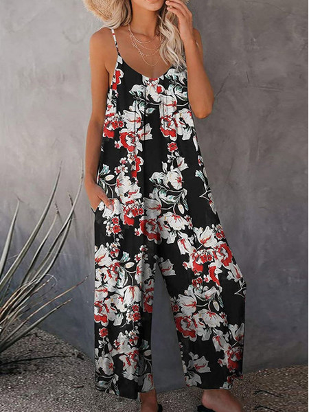 

Floral Cotton Blends Vacation Jumpsuit & Romper, Black, Jumpsuits＆Rompers
