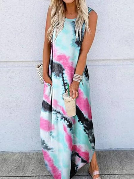 

Round Neck Casual Sleeveless Dress, Multicolor, Maxi Dresses