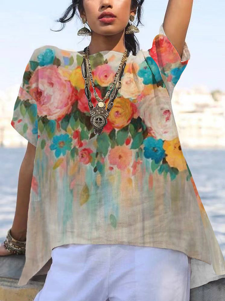 

Floral Casual Short Sleeve Tops, Multicolor, T-Shirts
