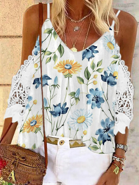 

Casual V Neck Floral Short Sleeve Blouse, White, Blouses & Shirts