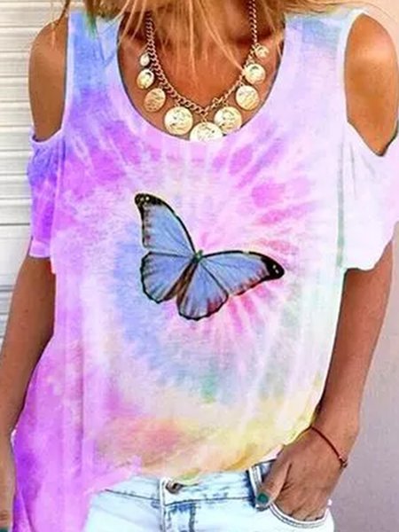 

Butterfly Casual Tie Dye Short Sleeve T-Shirt, Multicolor, T-Shirts