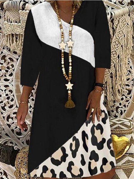 

Plus Size Casual Leopard V neck Short Sleeve Woven Dress, Black, Mini Dresses