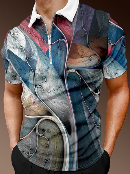 

Casual Art Series Stone Gradient Gradient Lapel Short Sleeve Polo Print Top, Blue, Men's t-shirts