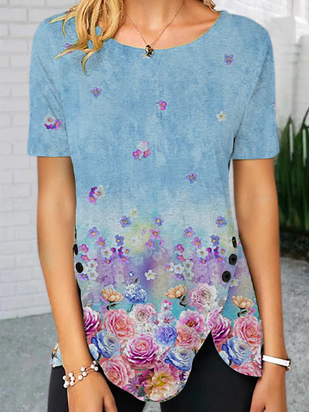 

Plus size Casual Floral Short Sleeve T-Shirt, Blue, T-Shirts