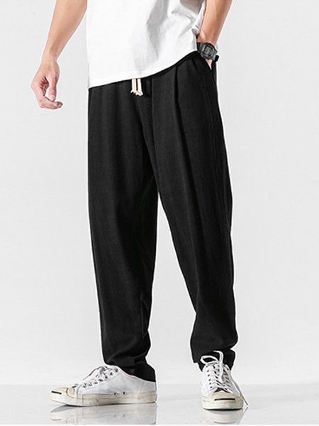 

Men's Loose Plus Size Linen Elastic Waist Trousers, Black, Pants