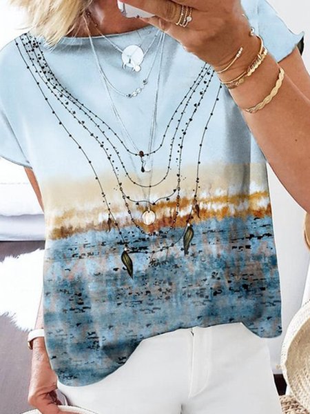 

Crew Neck Ombre Loosen Short Sleeve Tops, Multicolor, T-Shirts