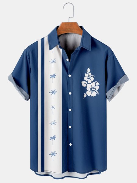 

Resort Style Hawaiian Striped Geometric And Coconut Tree Elements Lapel Short Sleeve Shirt Print Top, Blue, Men's Floral shirt