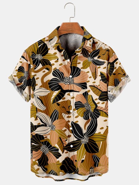 

Hawaiian Graphic Men's Short Sleeve Casual Shirt, Coffee, Men's Floral shirt