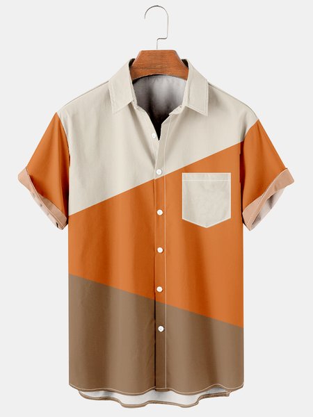 

Men's Art Geometric Color Block Casual Short Sleeve Hawaiian Shirt, Orange, Men's Floral shirt