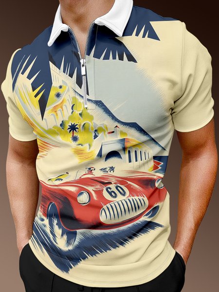 

Casual Style Sports Event Series Coconut Tree And Car Elements Lapel Short-Sleeved Polo Print Top, Blue, Men's t-shirts