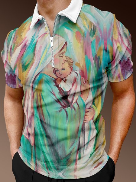 

Casual Festive Collection Mother's Day Mother's Day Lapel Short Sleeve Polo Print Top, Green, Men's t-shirts