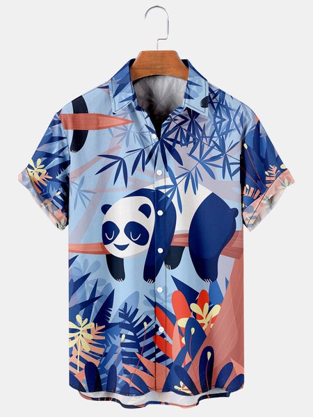 

Mens Panda Print Casual Breathable Short Sleeve Shirt, Blue, Men's Floral shirt