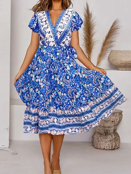 

Crew Neck Tribal Elegant Short Sleeve women Dress, Multicolor, Dresses
