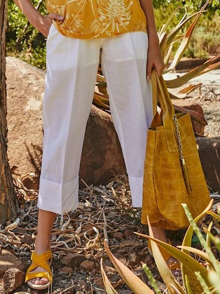 

Casual Pocket Solid Loosen Pants, White, Pants