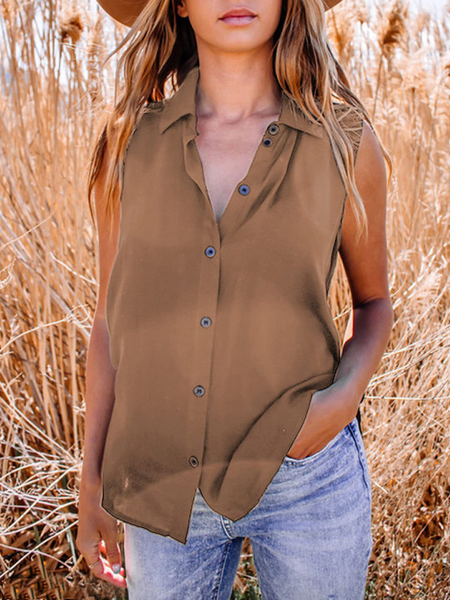 

Summer Casual Stand Collar Button Sleeveless Shirt, Khaki, Tanks & Camis