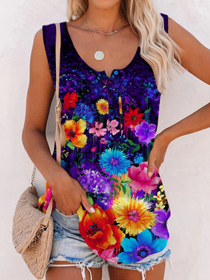 

Casual Floral Cotton Blends Knit Tank, Navy blue, Tanks & Camis