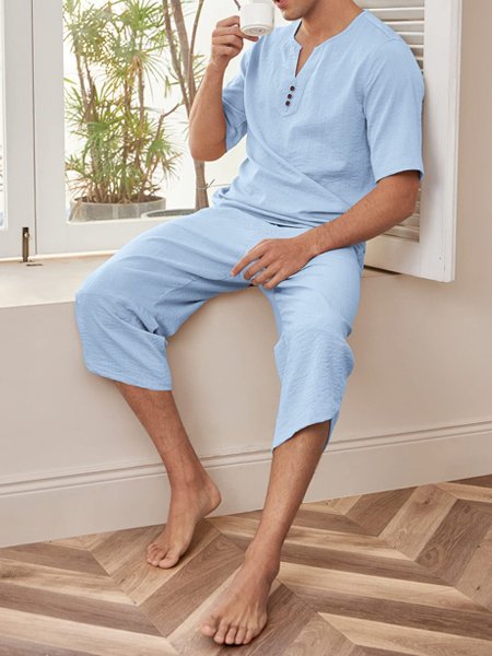 

Men's Cotton Linen Casual Short Sleeve Top Trousers Set, Lightblue, Two-pieces