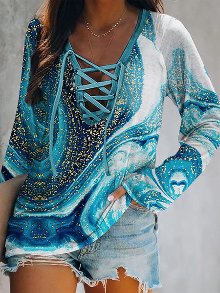 

Abstract Printing Raglan Sleeve Cross Front Casual Long Sleeve Tops, Blue, Long sleeve tops