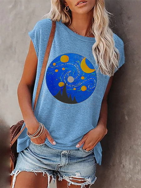 

Printed Casual Raglan Sleeve Round Neck Short Sleeve T-Shirts, Blue, T-Shirts