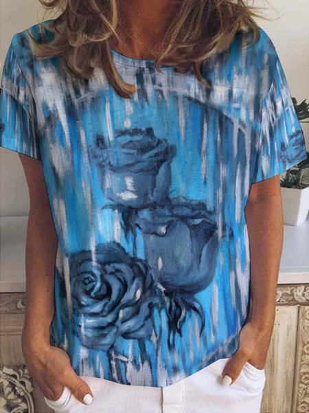 

Casual Abstract Floral Print Crew Neck T-Shirt, Blue, T-shirts