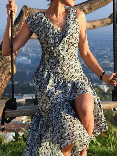 

Vacation Regular Fit Short Sleeve Woven Dress, As picture, Floral Dresses