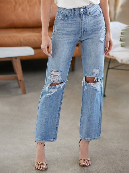 

Ripped Simple Denim Jeans, Blue, Jeans