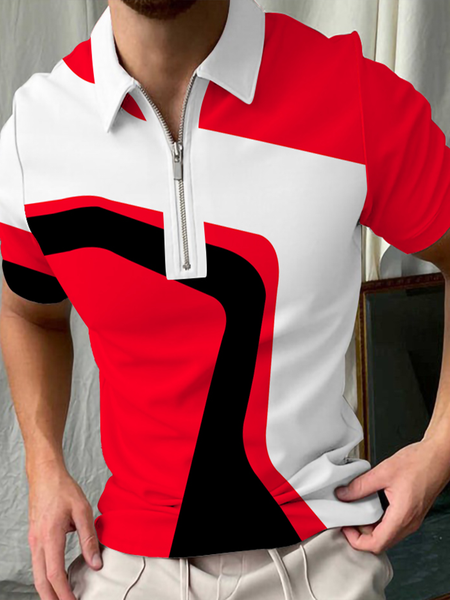 

Casual Art Collection Geometric Striped Color Block Lapel Short Sleeve Polo Print Top, Red, Men's t-shirts