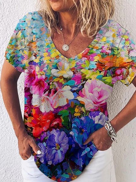 

Vacation Floral Loosen Short Sleeve T-Shirt, Multicolor, T-Shirts