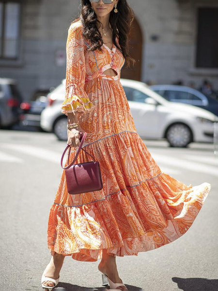 

V Neck Short Sleeve Woven Dress, Orange, Floral Dresses
