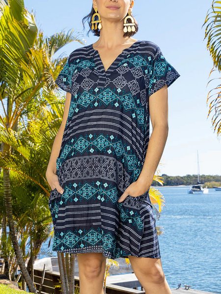 

V Neck Tribal Casual Short Sleeve Knit Dress, Multicolor, Mini Dresses