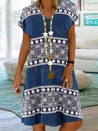 

Tribal Casual Cotton Blends Short Sleeve Woven Dress, Purplish blue, Dresses
