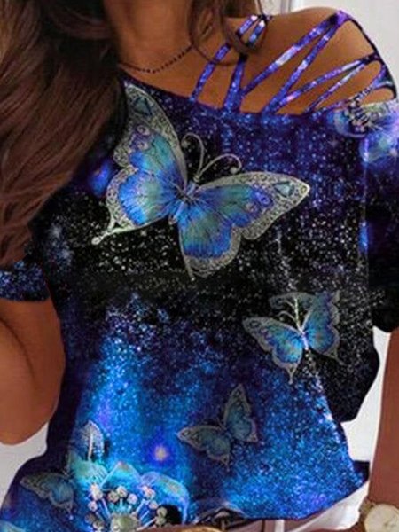 

Romantic Butterfly Printed Casual One Shoulder Loosen Short Sleeve T-Shirt, Flower, T-Shirts